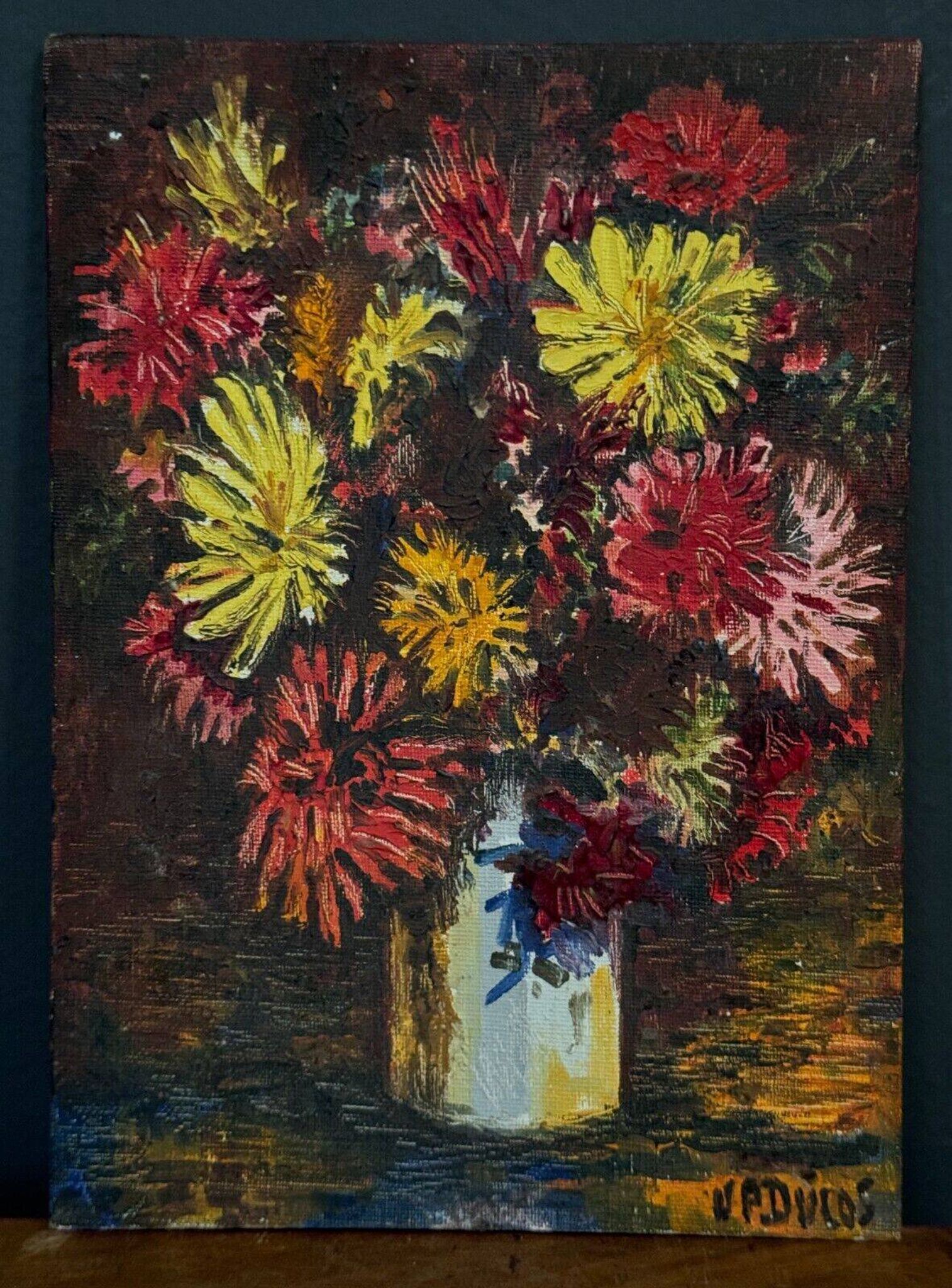 Oil on cardboard by J.-P. Ducos still life 1960 bouquet of flowers