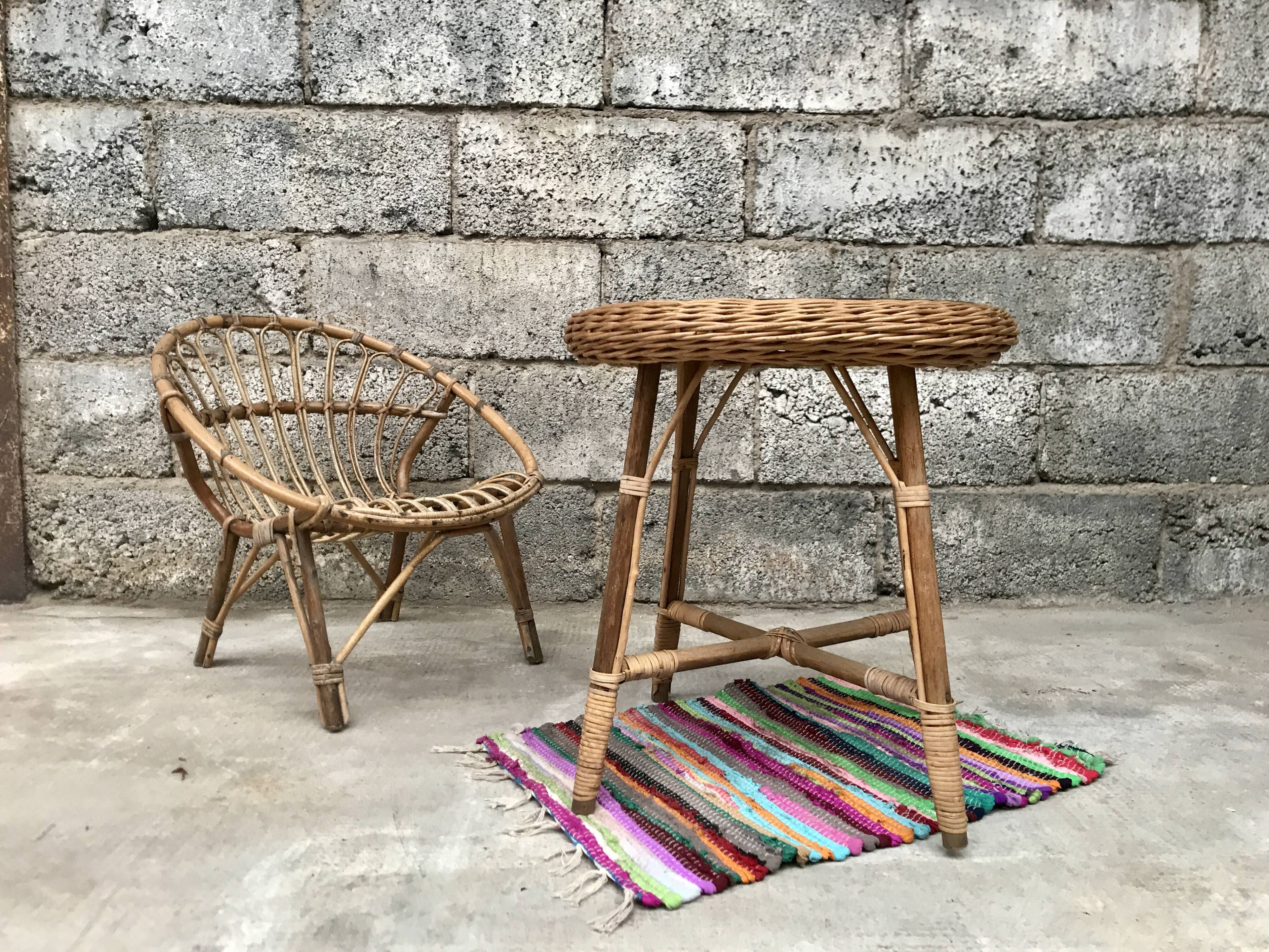 Vintage side table in bohemian old rattan wicker 1950