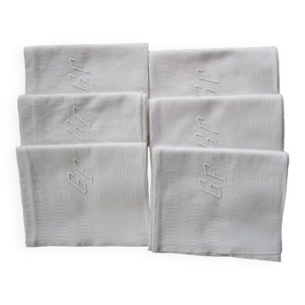 Lot De 12 Serviettes Damassées Anciennes - Coton Blanc, Fait Main