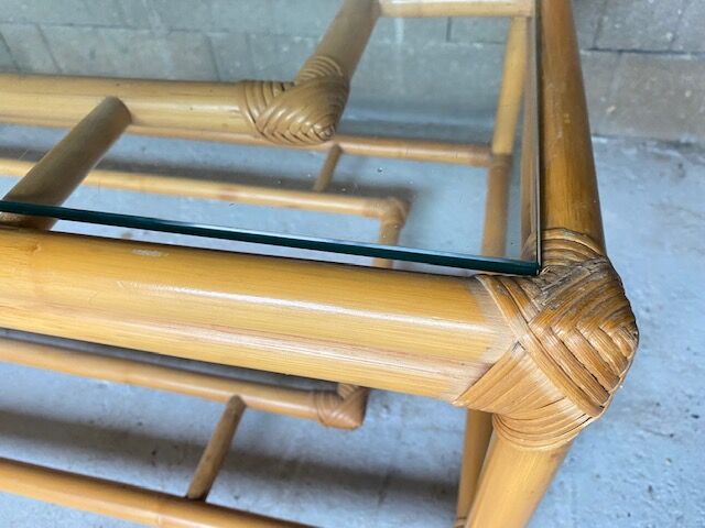 Rattan coffee table vintage glass top 1970