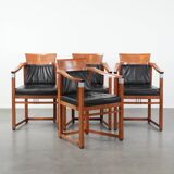 Set of 4 luxury black leather Art Deco dining chairs with armrests