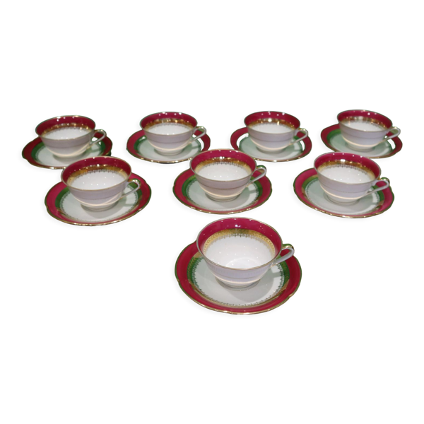 Lot de 8 tasses avec soucoupes en porcelaine de Sologne L'archevêque - Bon état sur Selency
