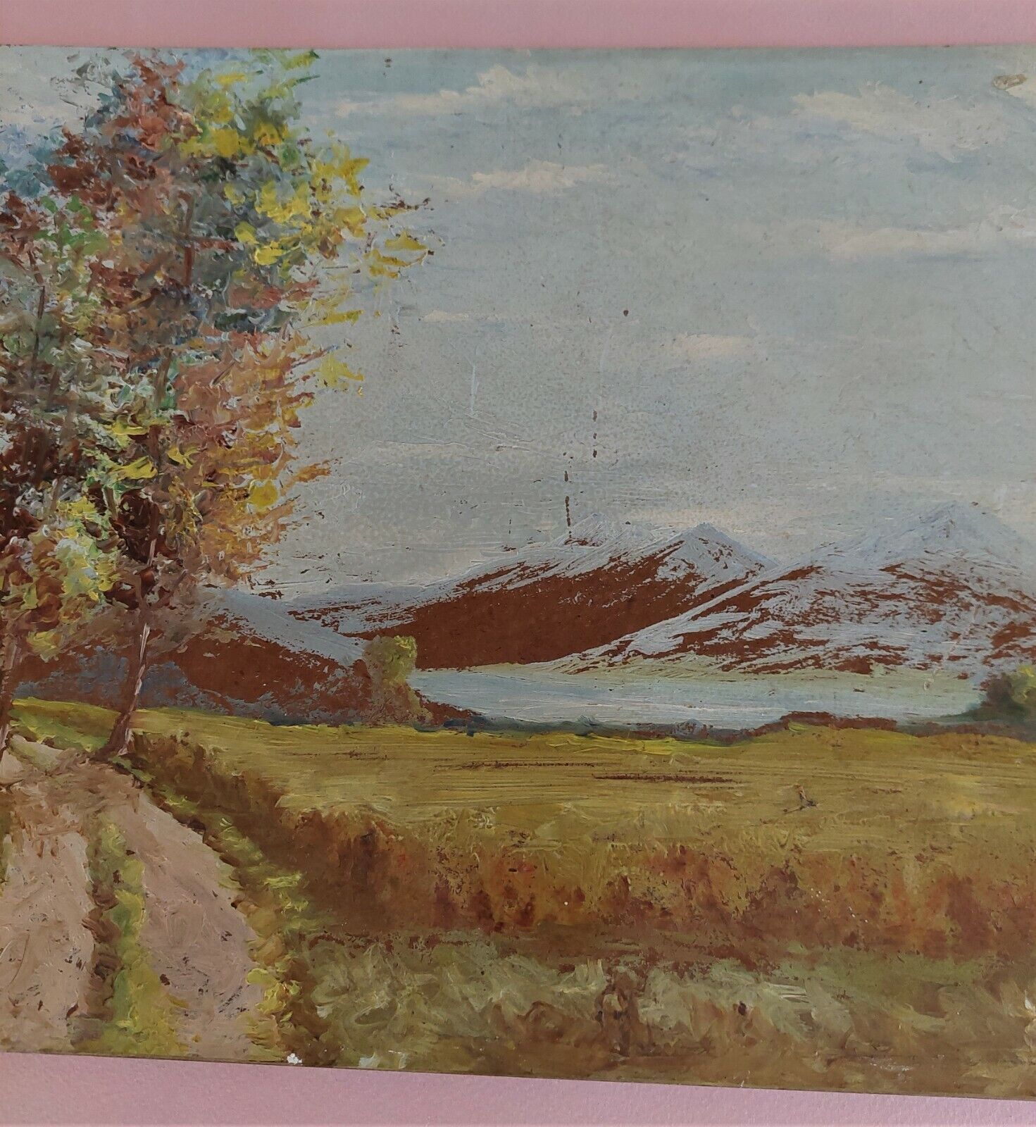 Painting oil on panel landscape mountains signed