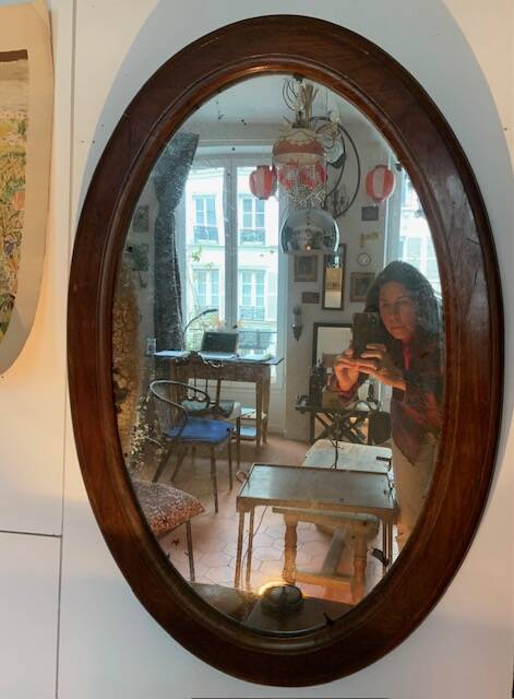 Large antique oval mahogany mirror, mercury glass, 19th century