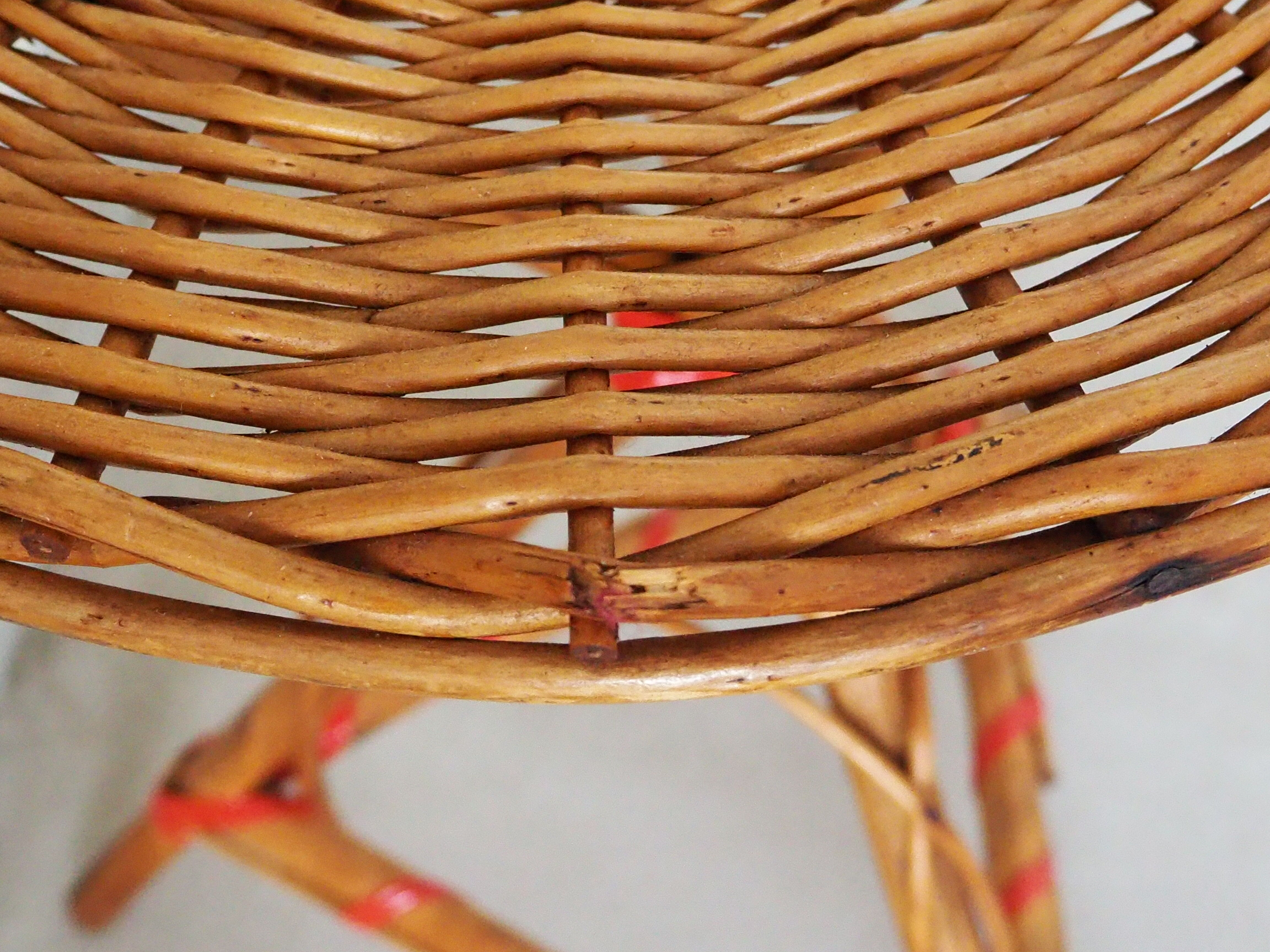 Bolster / pedestal table in tripod rattan 1960s-1970s