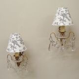 Paire d'appliques pampilles avec abat-jours en toile de Jouy