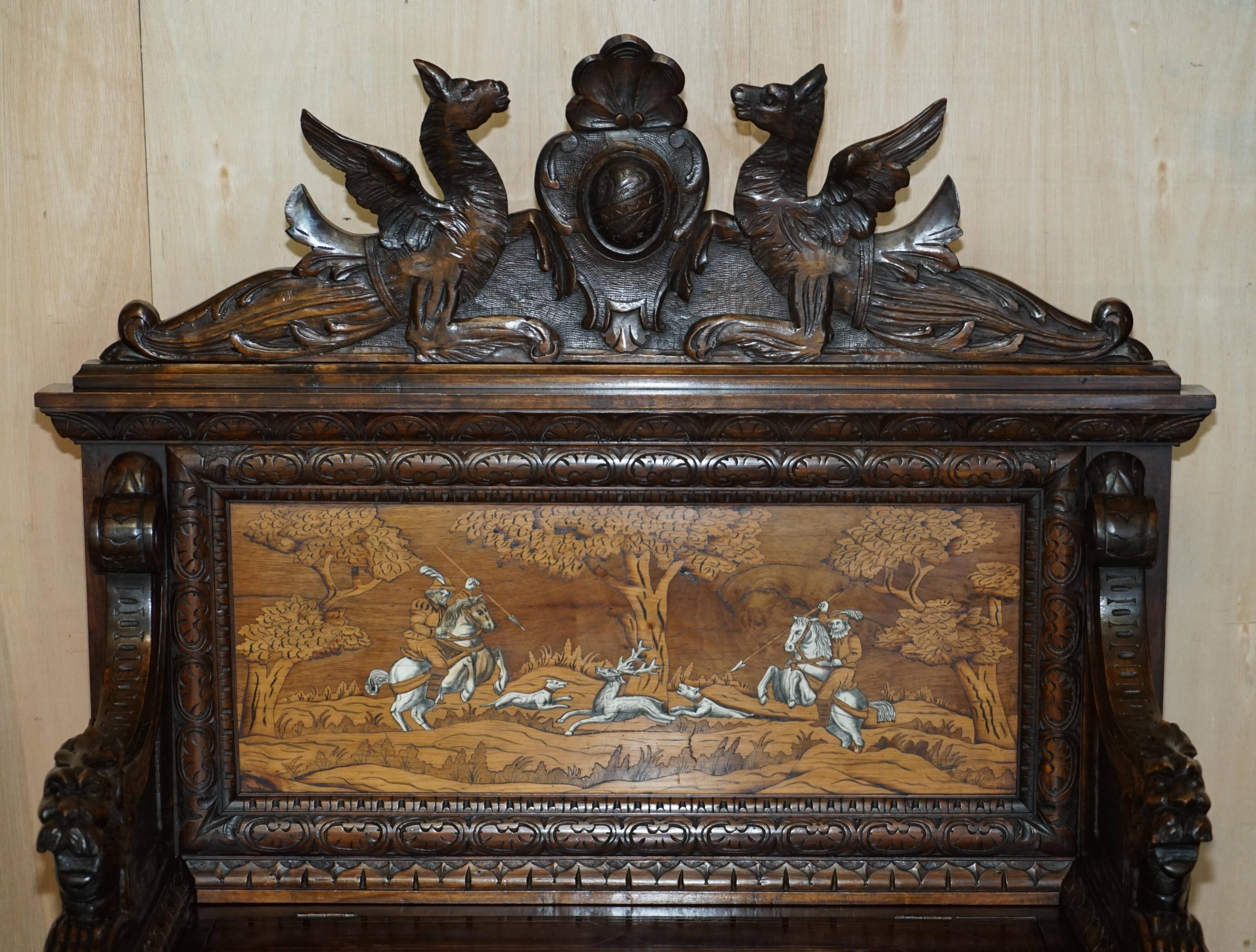 Banc Monks Antique Sculpté Lion Griffon 1860 avec Rangement