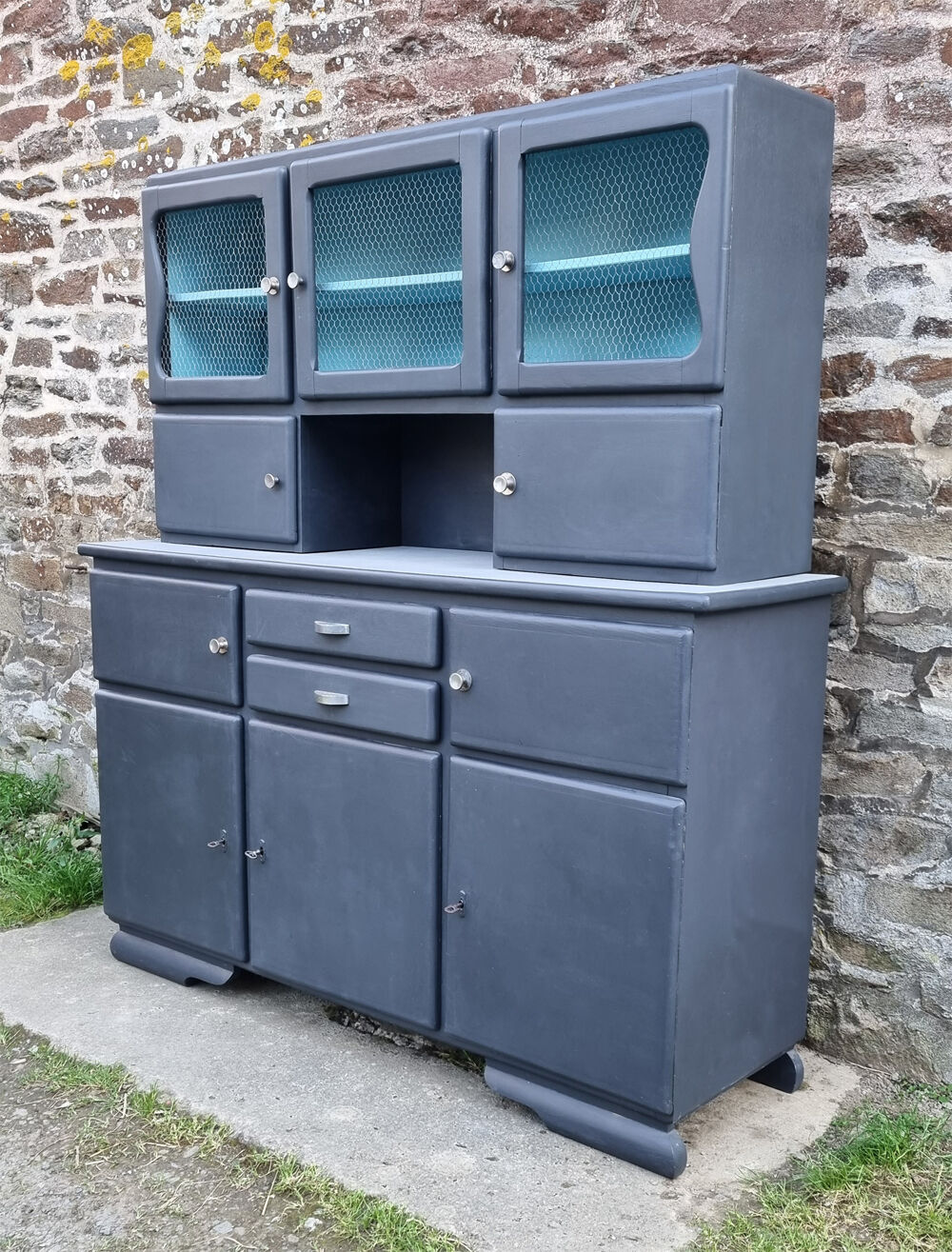 Vintage Mado sideboard, grey restyled, blue interior, 50s
