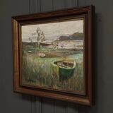 Oil on canvas by R. Queïnnec landscape with boats 20th century