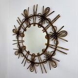 Rattan sunburst mirror with chinoiserie motif, Spain, 1950s