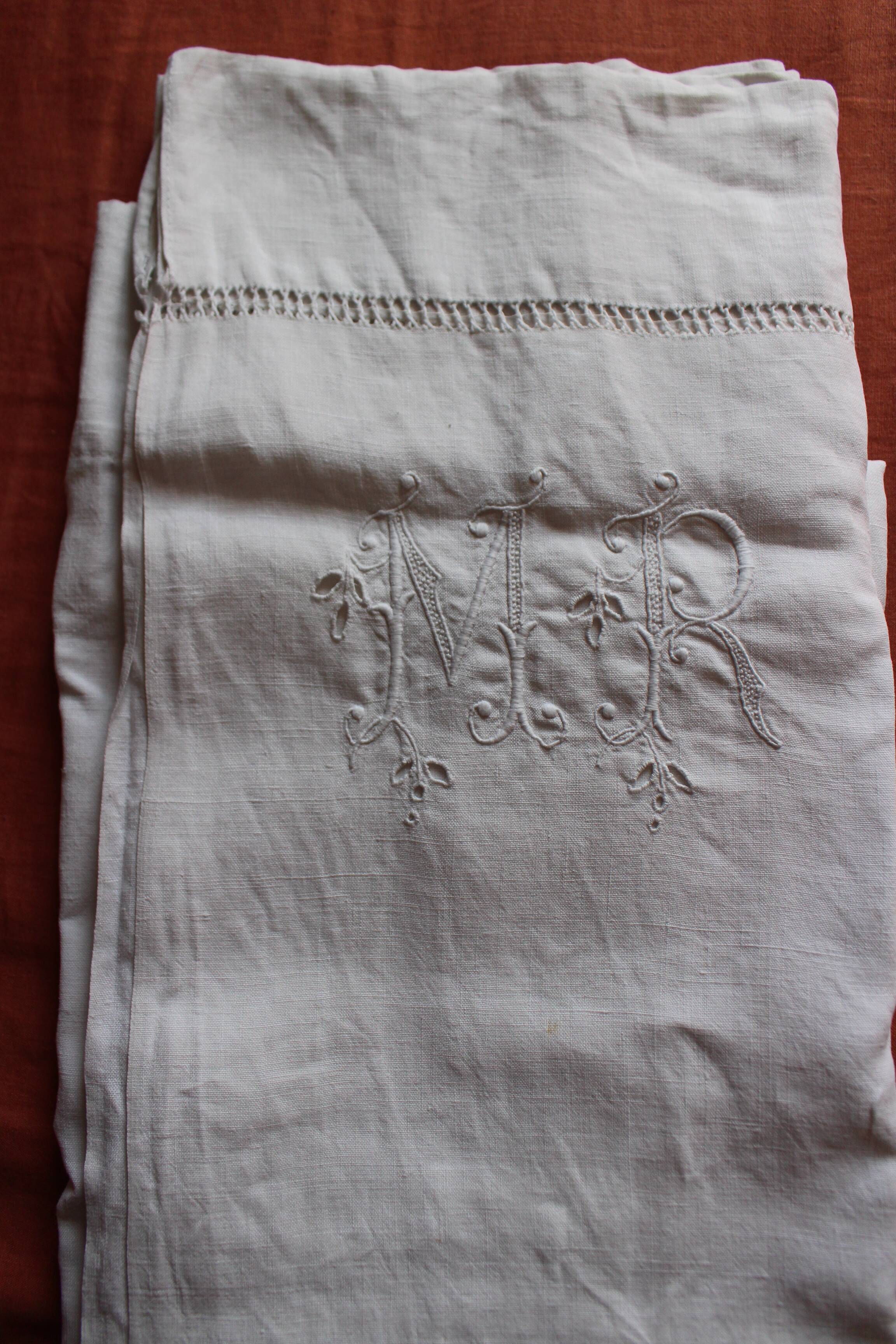 Antique linen sheet Floral monograms M R
