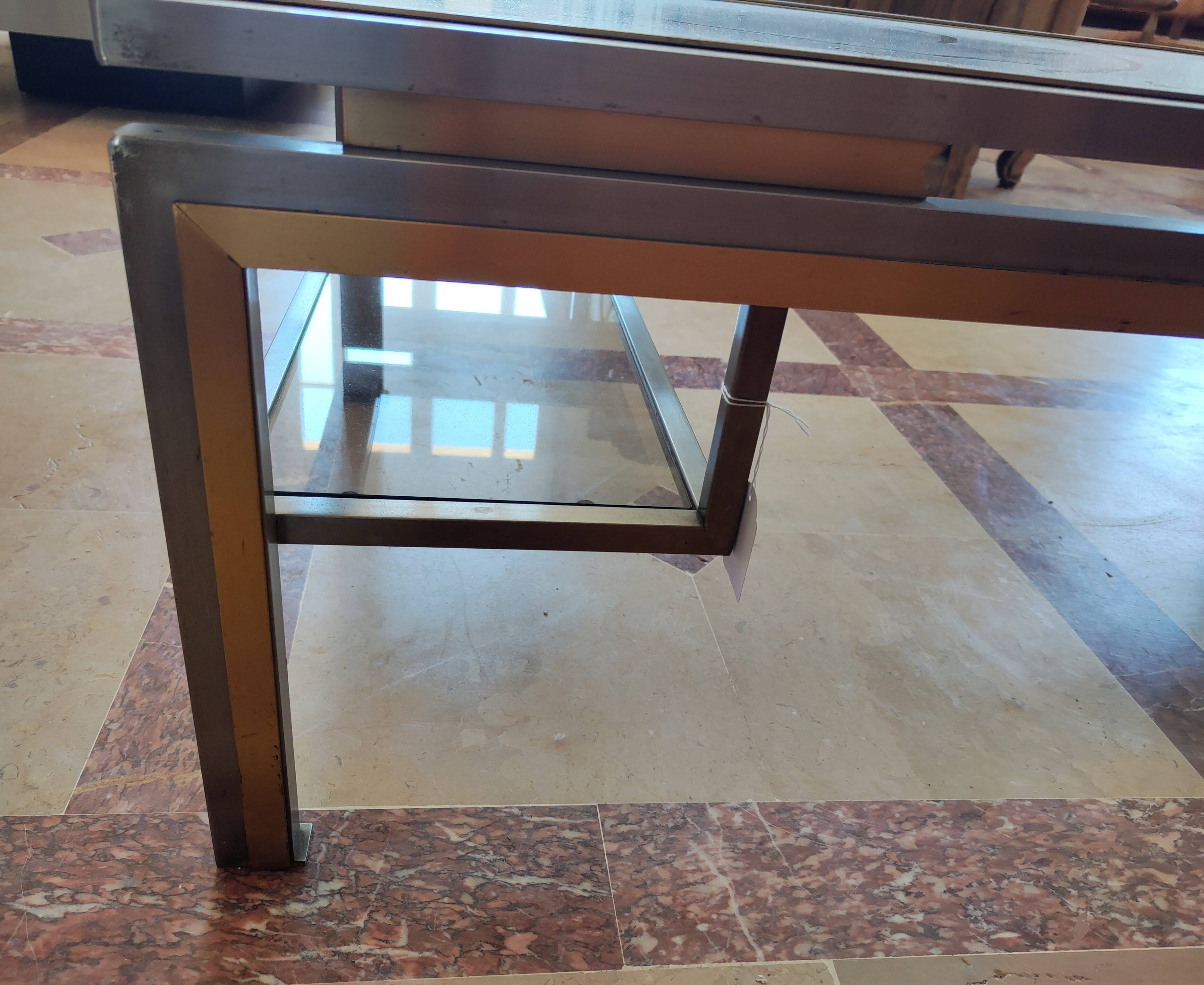 Guy lefèvre for maison jansen coffee table in brushed steel and brass 1970