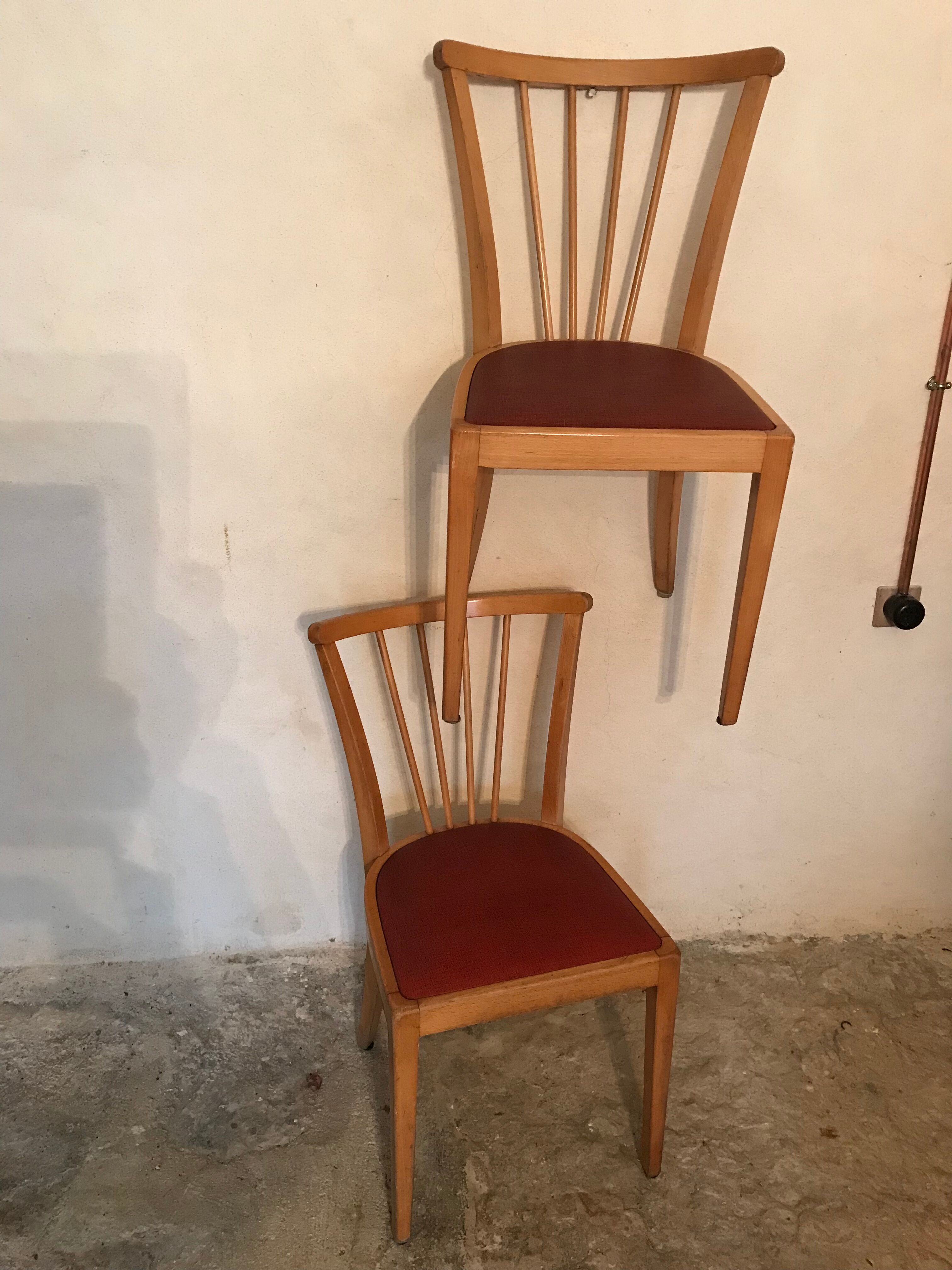 Pair of vintage bistro chairs 1960's blond wood and skaï