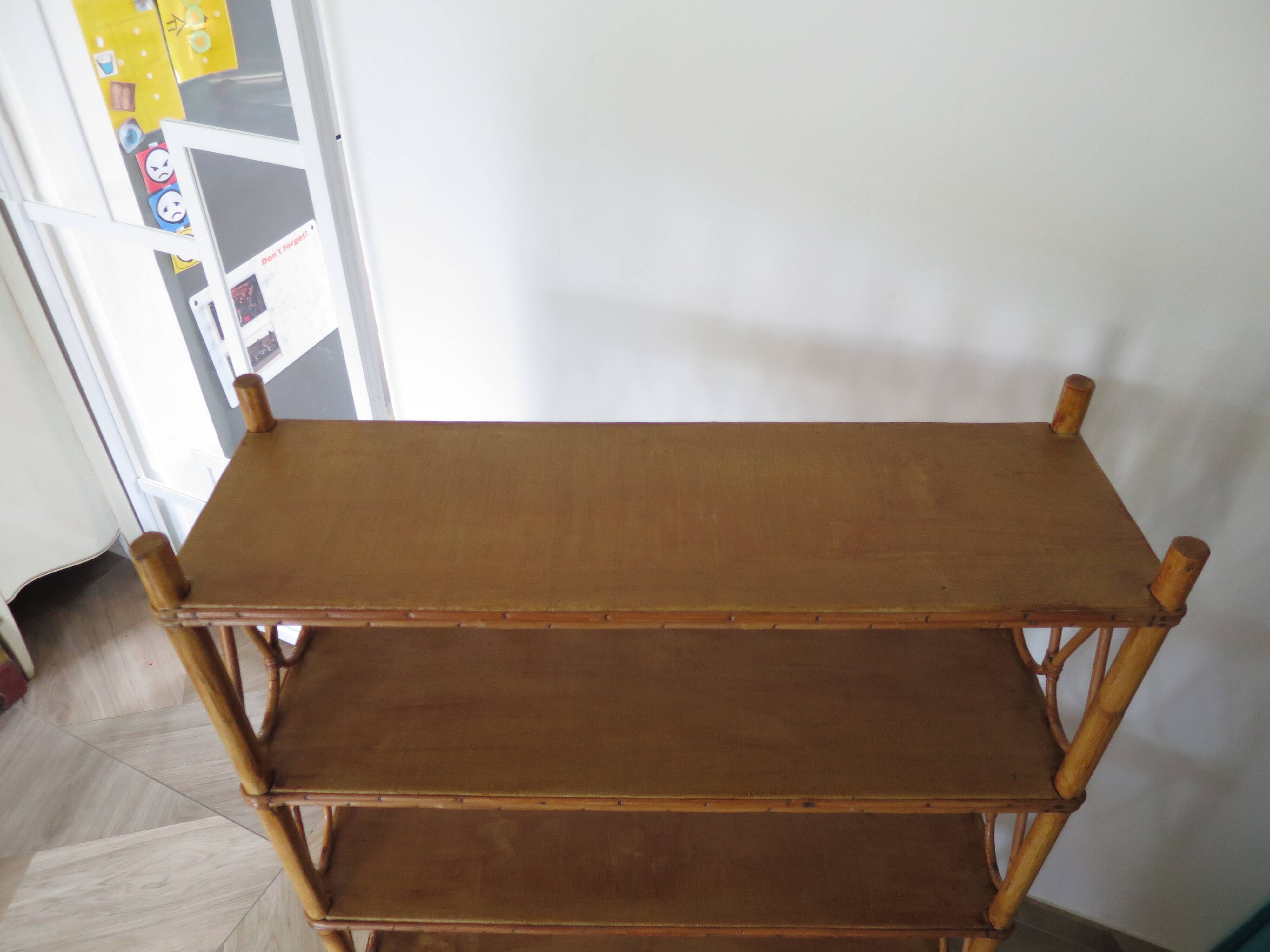 Wooden and rattan bookcase, 1970s-1980s