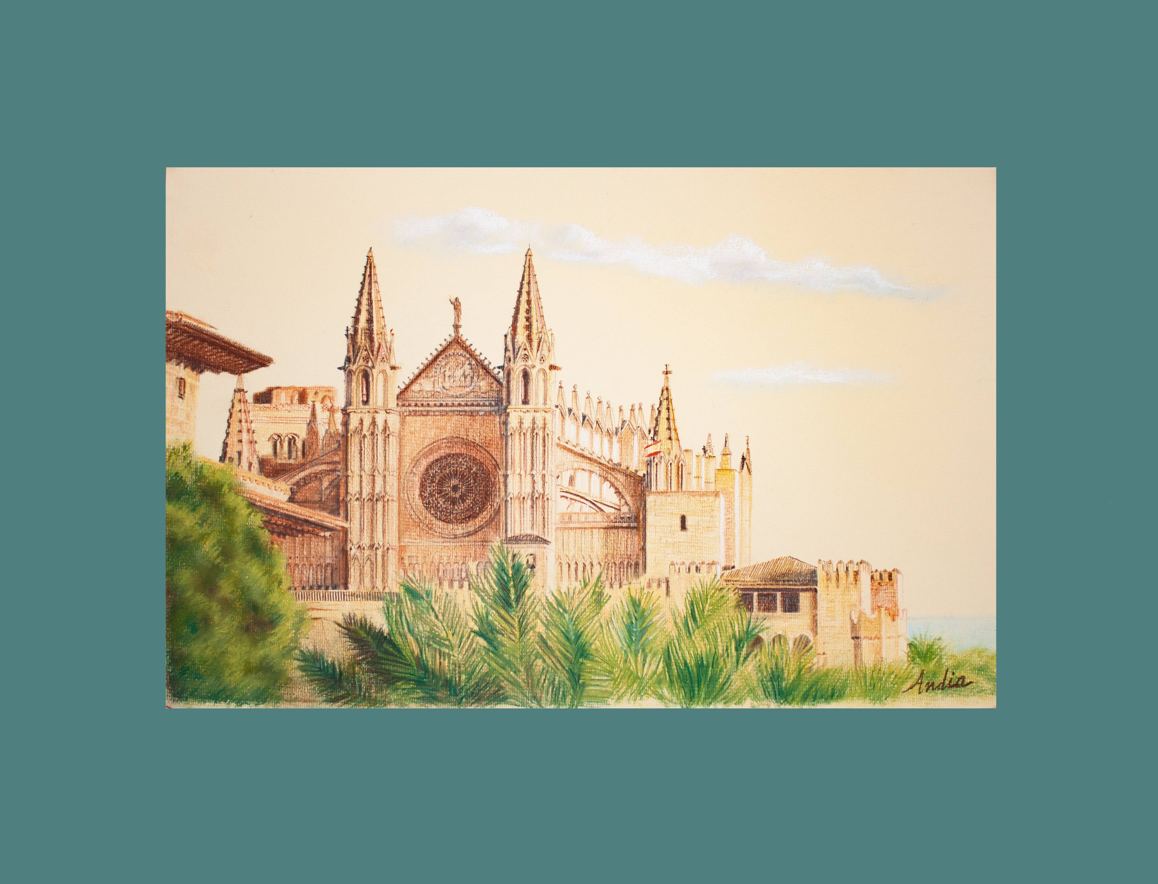 Dibujo de la catedral de mallorca. cuadro de mallorca. pintura mallorca. mallorca pintura.