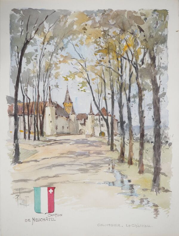 René LEVERD : Suisse, Château de Colombier, aquarelle originale signée