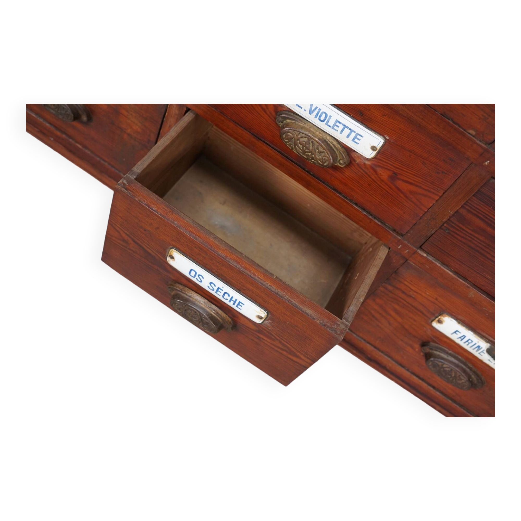 Large Antique Belgian Pitch Pine Apothecary Cabinet with Enamel Shields, 1900s