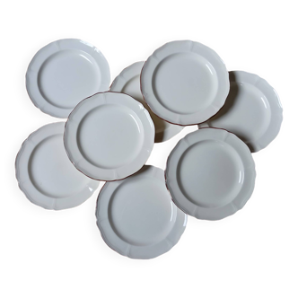 8 assiettes à dessert couleur ivoire liseré marron/bordeaux, porcelaine Wedgwood - England