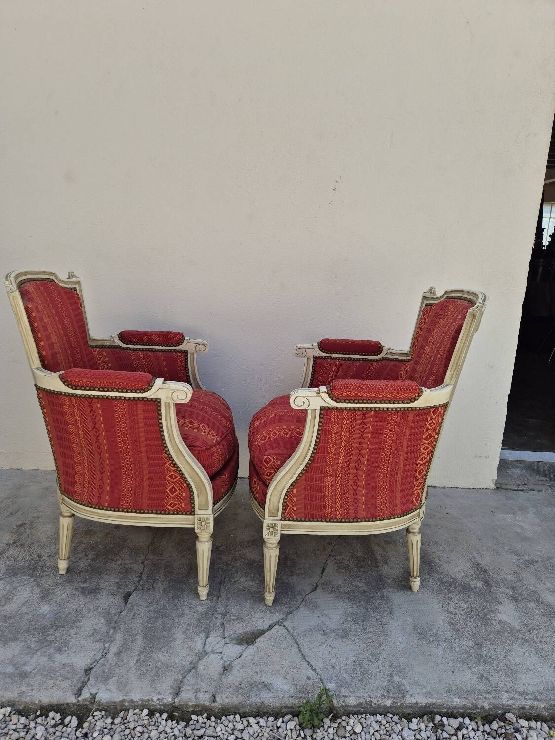 Pair of Louis XVI style bergère armchairs, antique.