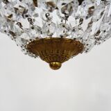 Old crown ceiling light with 2 bulbs, half basket with glass pendants.