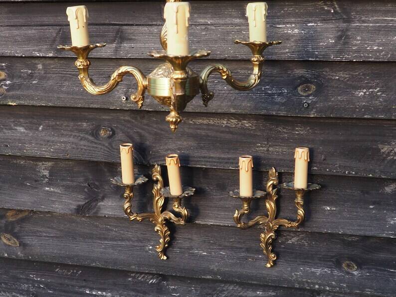 French Vintage Louis XV Style Bronze Candlestick & Sconce Set