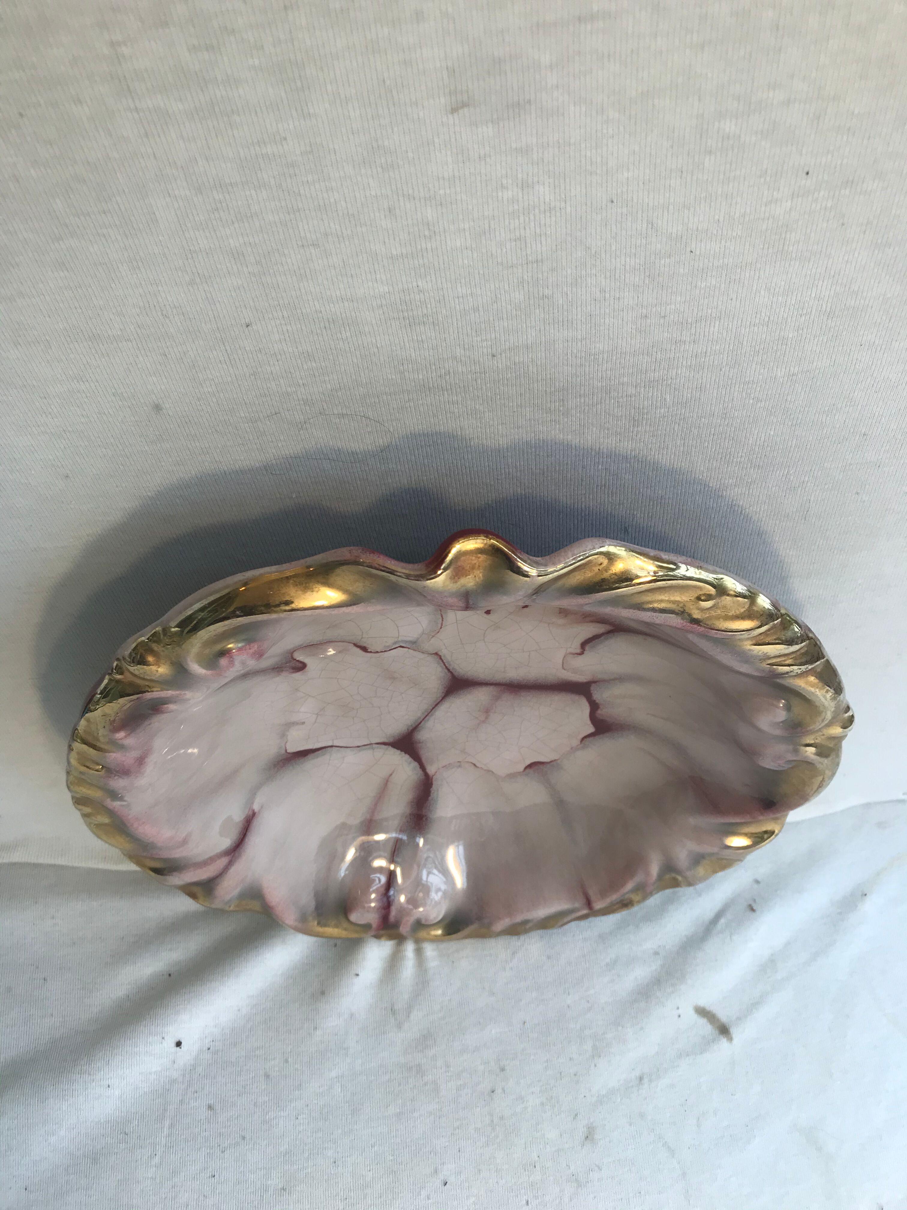 Ancien centre de table en céramique rouge,  rose et doré vintage