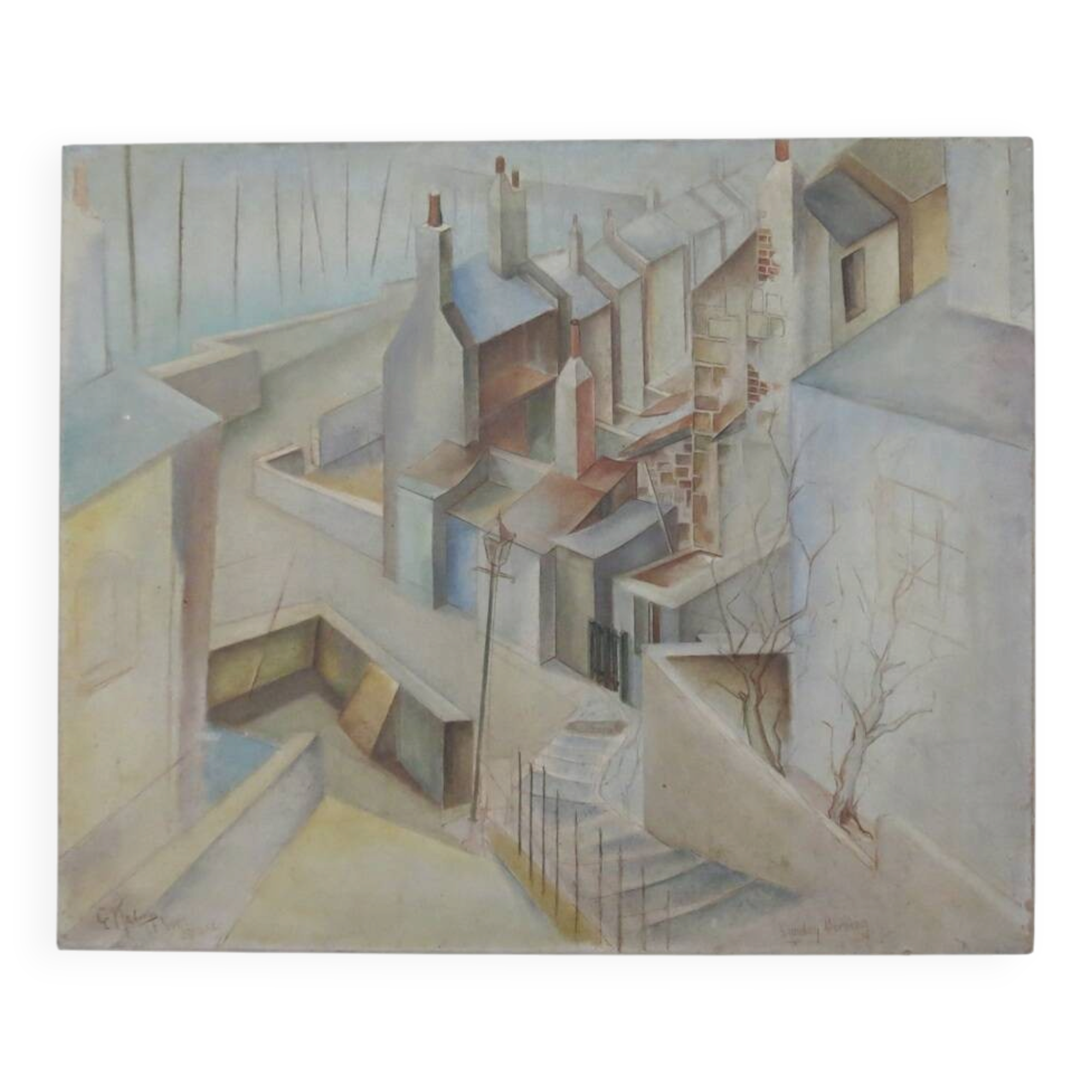 1950s Cubist Painting St Ives E Kahnii Oil on Canvas Sunday Morning