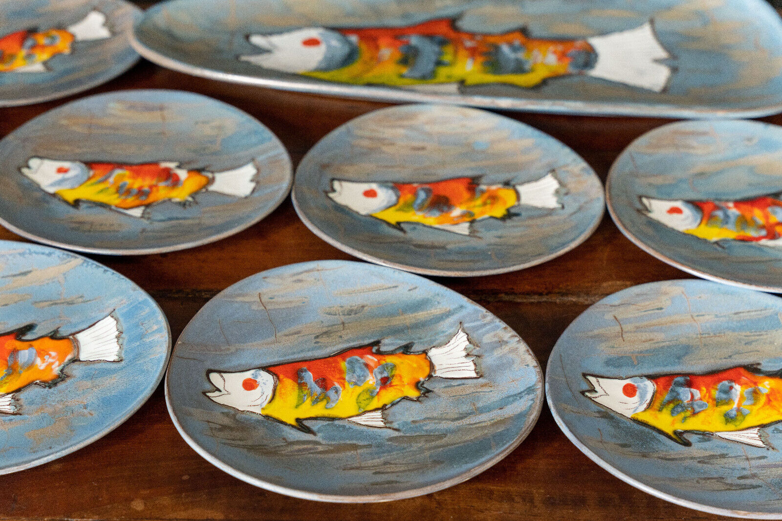 Stylized fish set 1960 Blue background Vallauris 1 course 12 plates