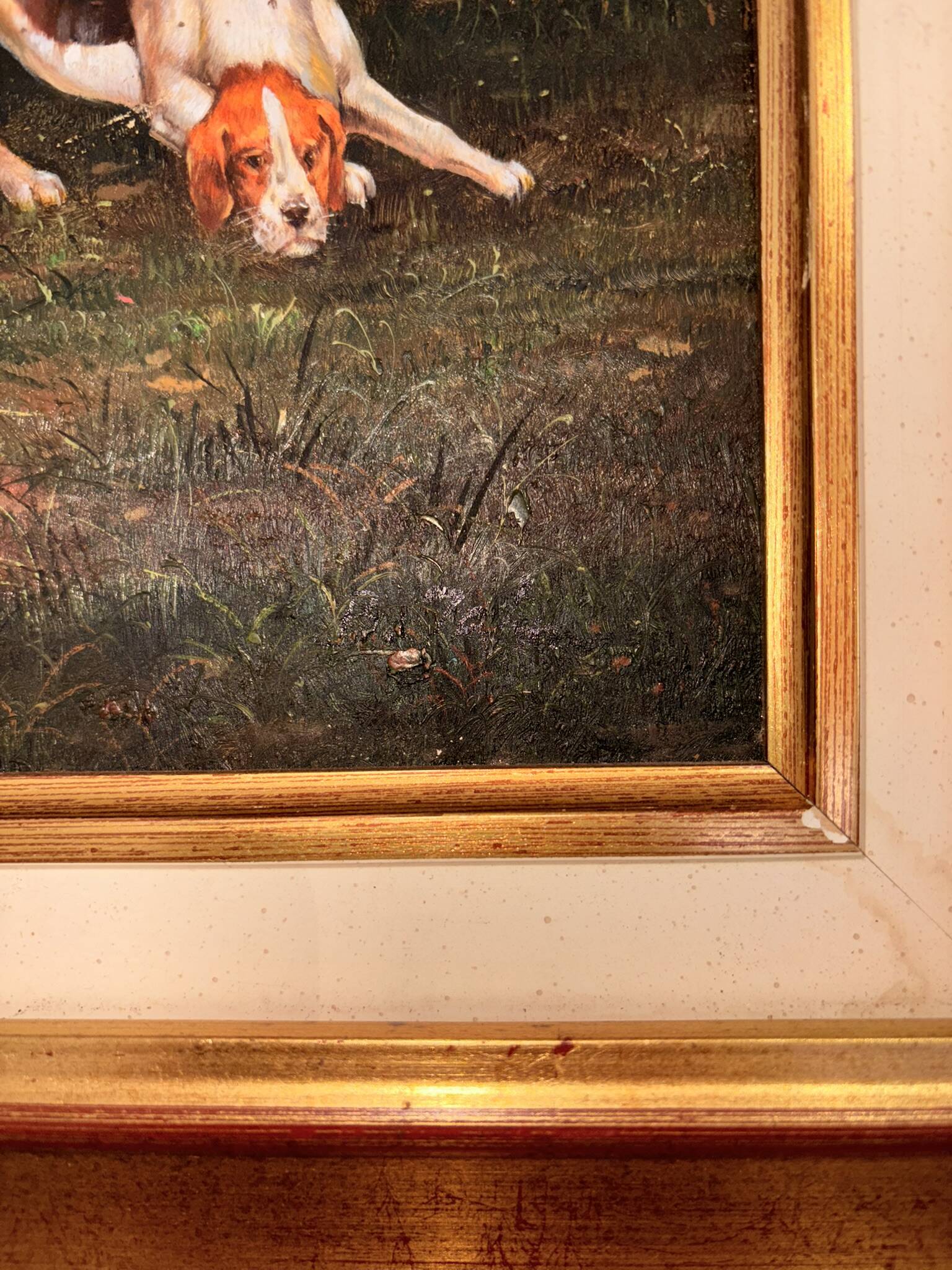 Oil Painting on Wood Panel with Golden Frame, English Hunting Dog