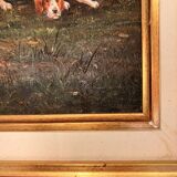 Oil Painting on Wood Panel with Golden Frame, English Hunting Dog