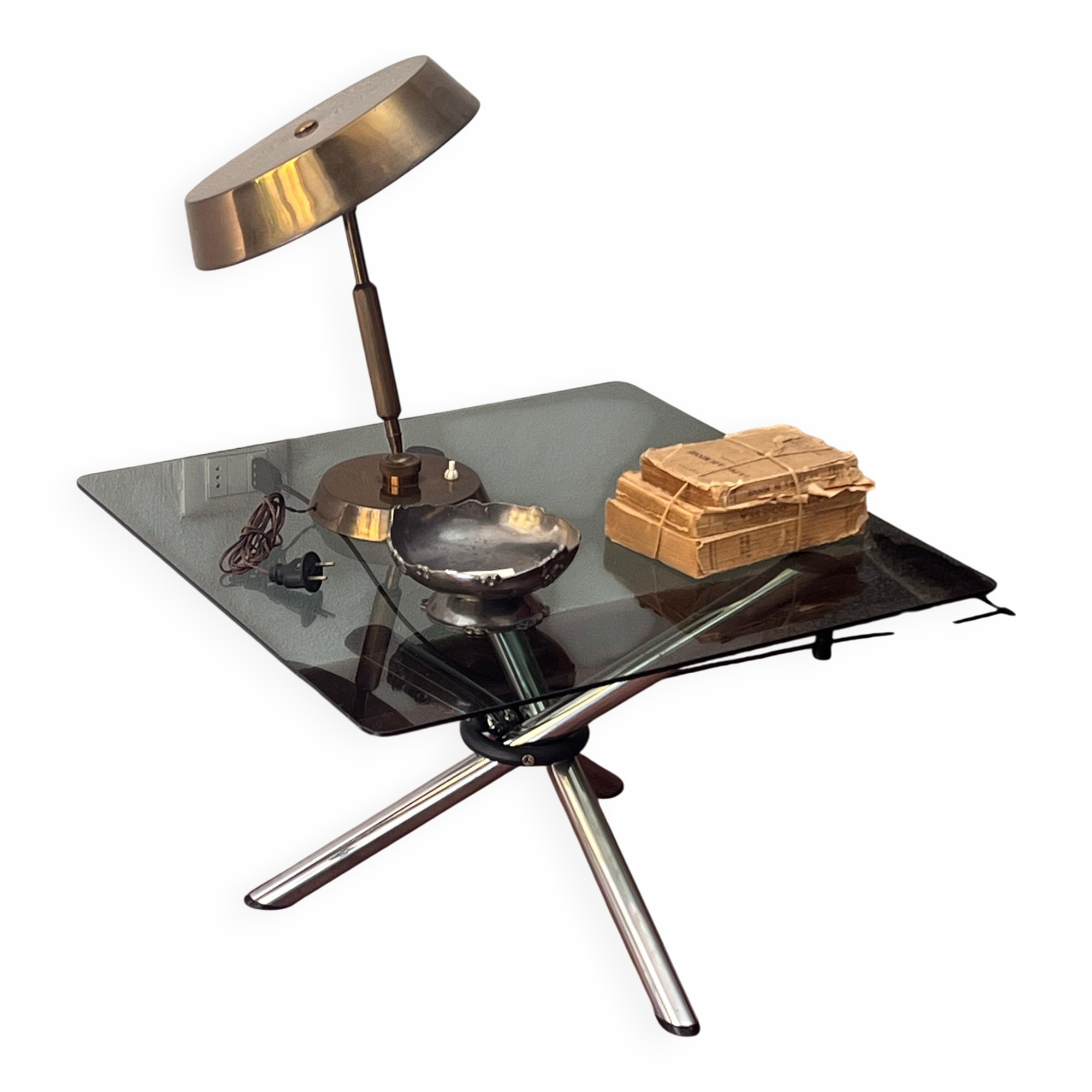 Vintage foldable coffee table, chromed tubular metal and smoked glass
