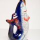 Set of 7 glasses and a glass carafe decorated with blue fish, Mid-Century Modern style, Europe, 1960s.