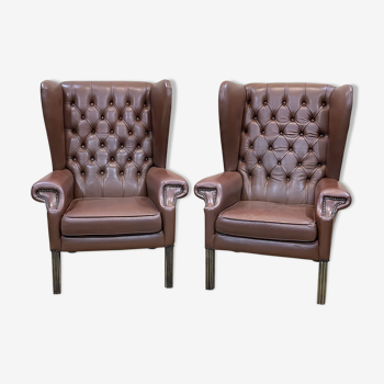 Pair of Chesterfield armchairs with brown leather ears from the 70s
