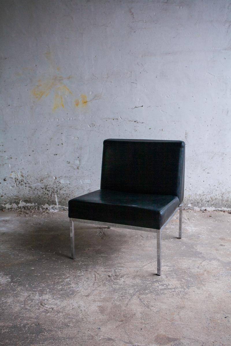 Set of 2 Black Leather Minimalist Lounge Chairs with Brushed Metal Frame