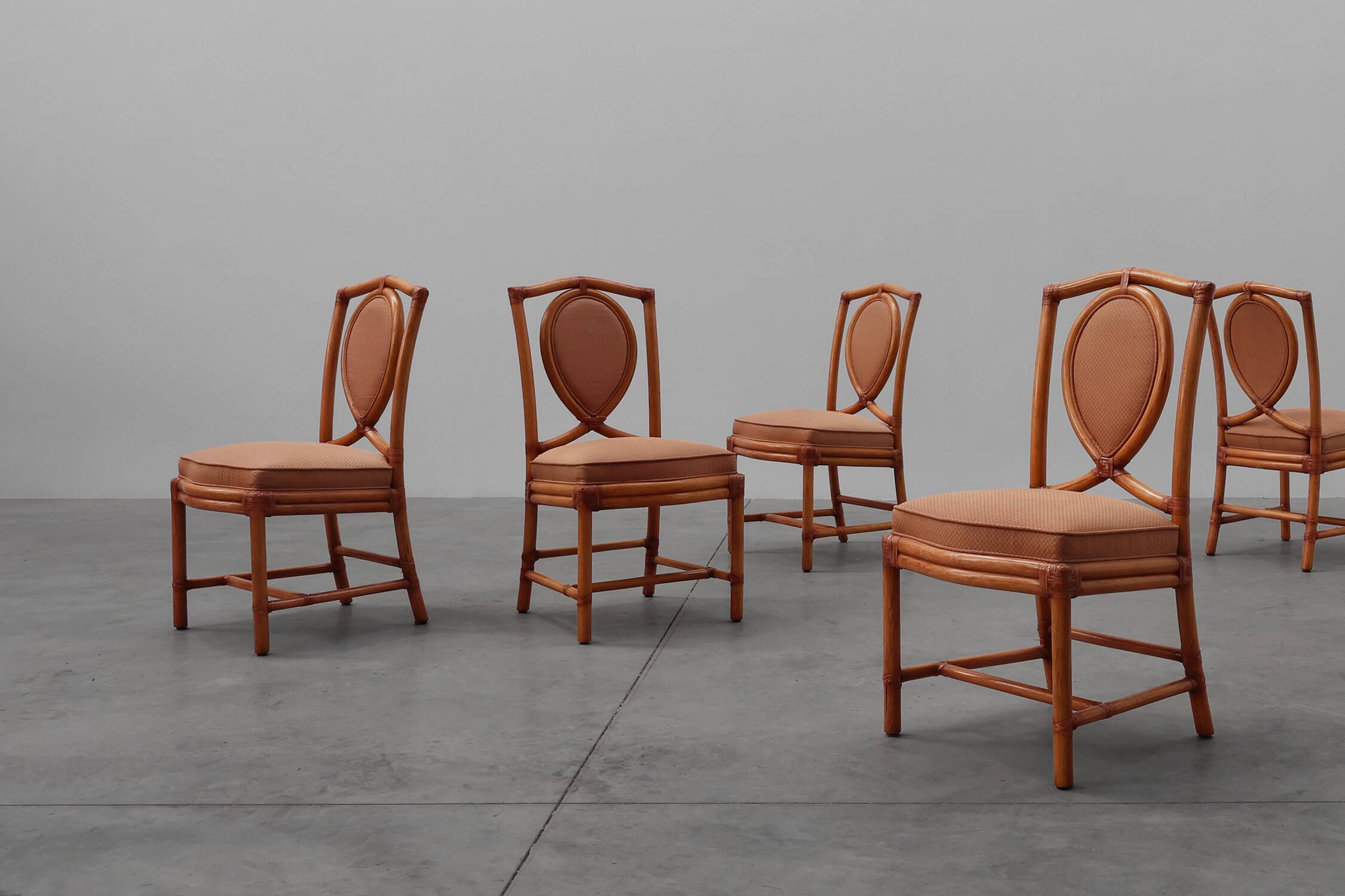 Set of 6 bamboo dining room chairs with geometric upholstery by Gasparucci