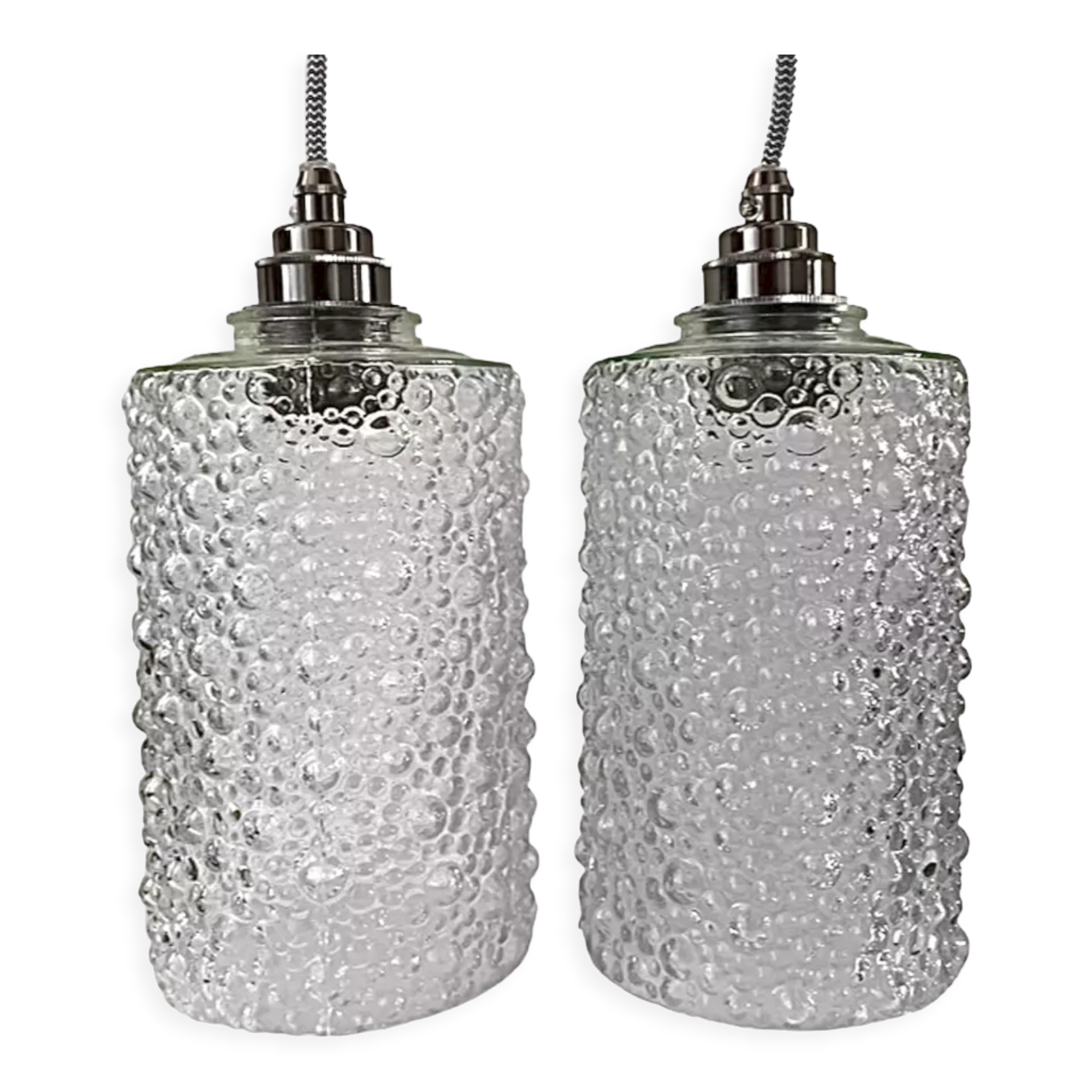 Set of two new vintage electrified bubble glass walking lamps