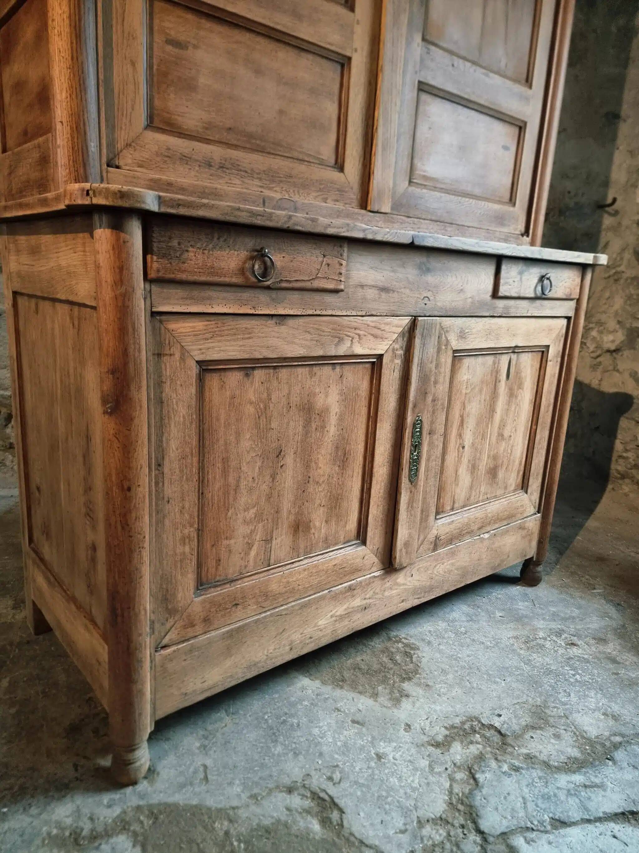 Antique French oak sideboard – Two-part display cabinet with drawers and four doors