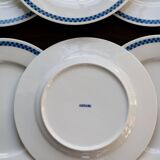 6 vintage Lustucru porcelain plates with a blue checkerboard pattern