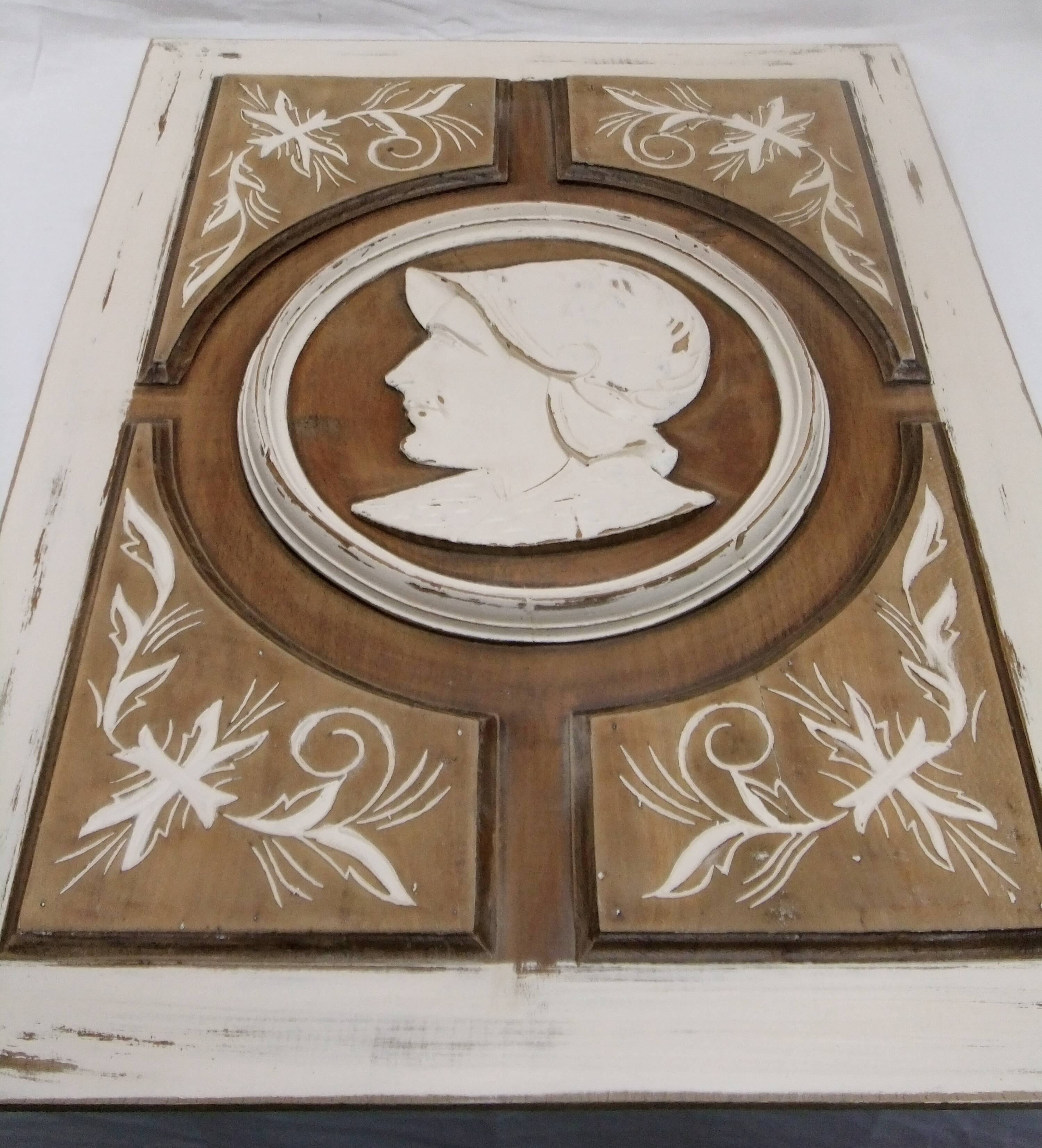 Large bas relief painting medallion woman patina wooden frame ornament