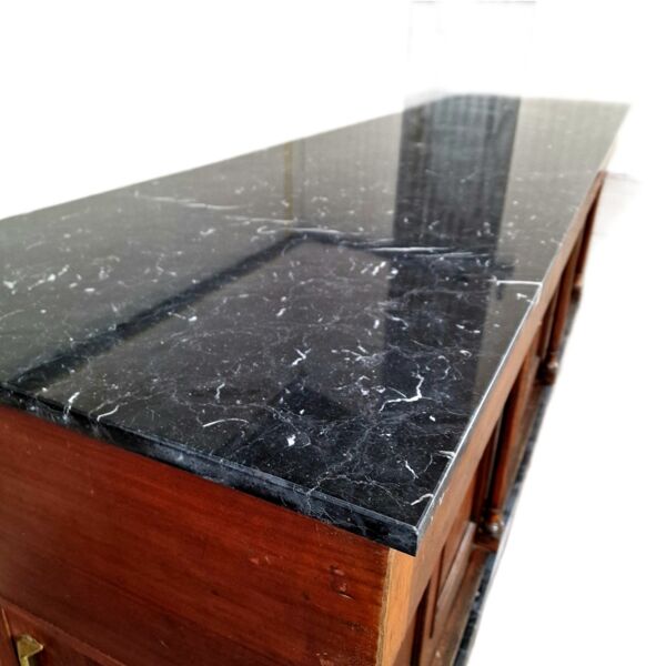 Grand comptoir de pharmacie Art Déco en acajou et marbre, 1909