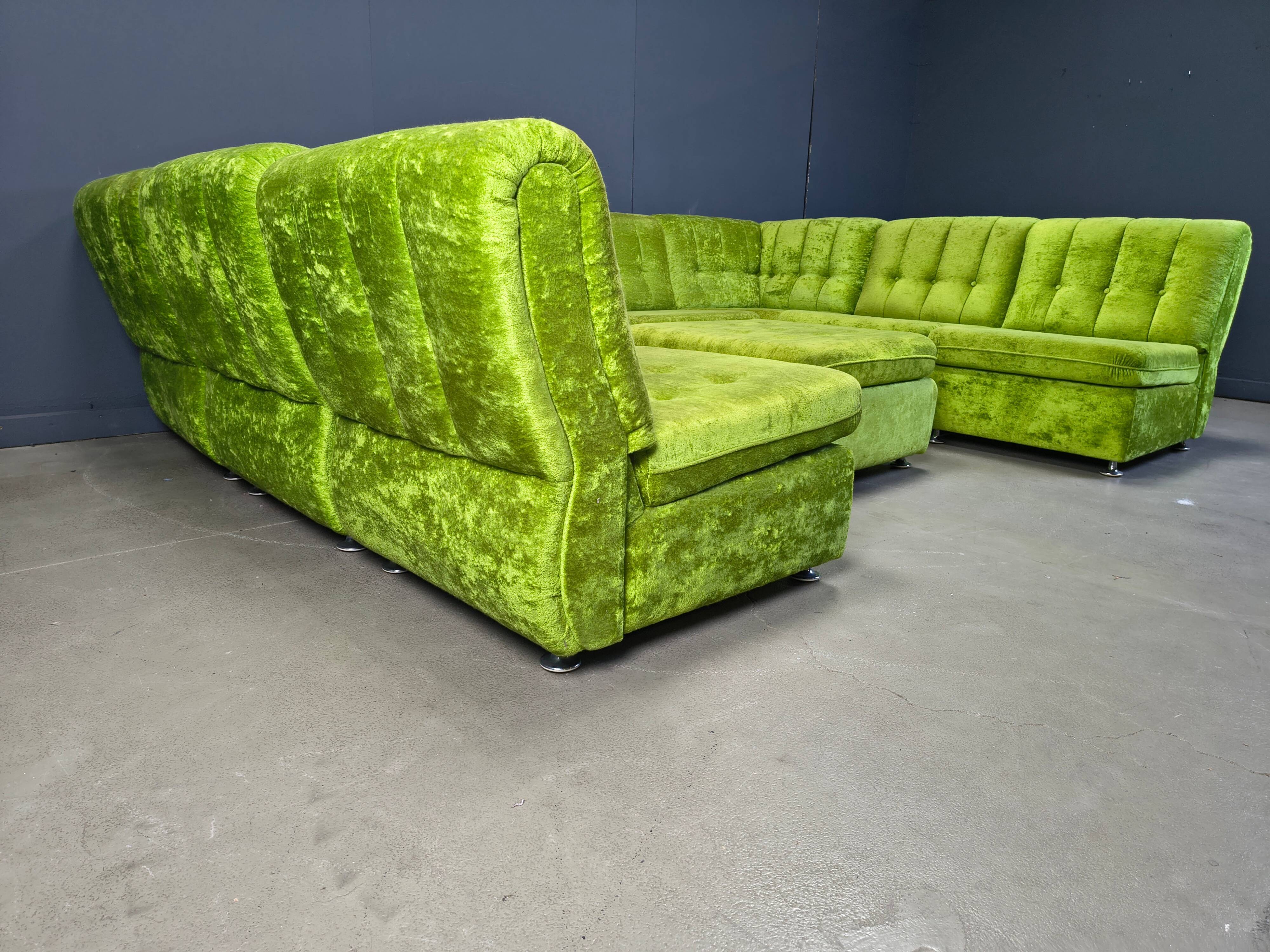 Vintage green velvet modular sofa set, 1970s