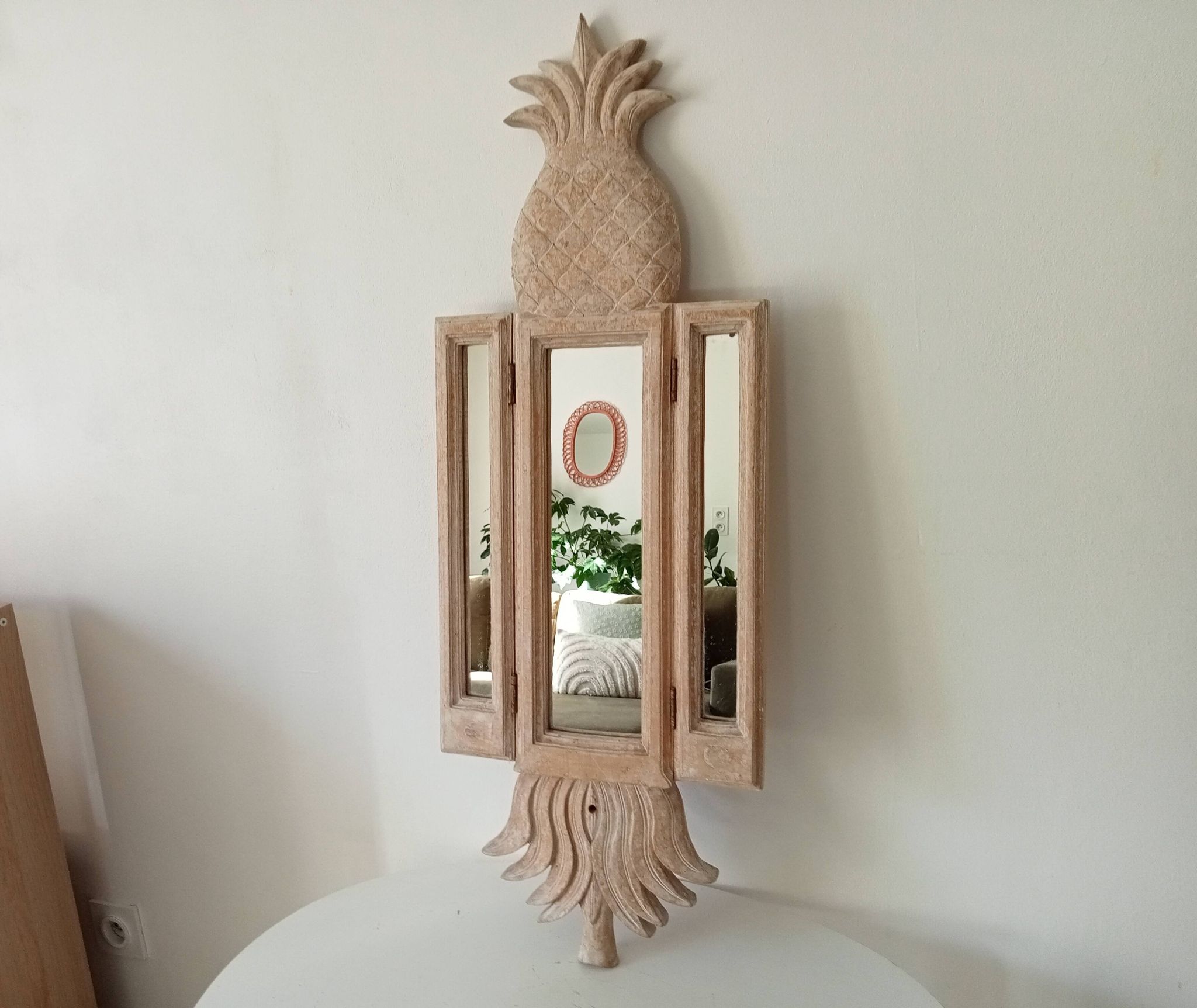 Miroir triptyque Art déco Ananas en bois sculpté
