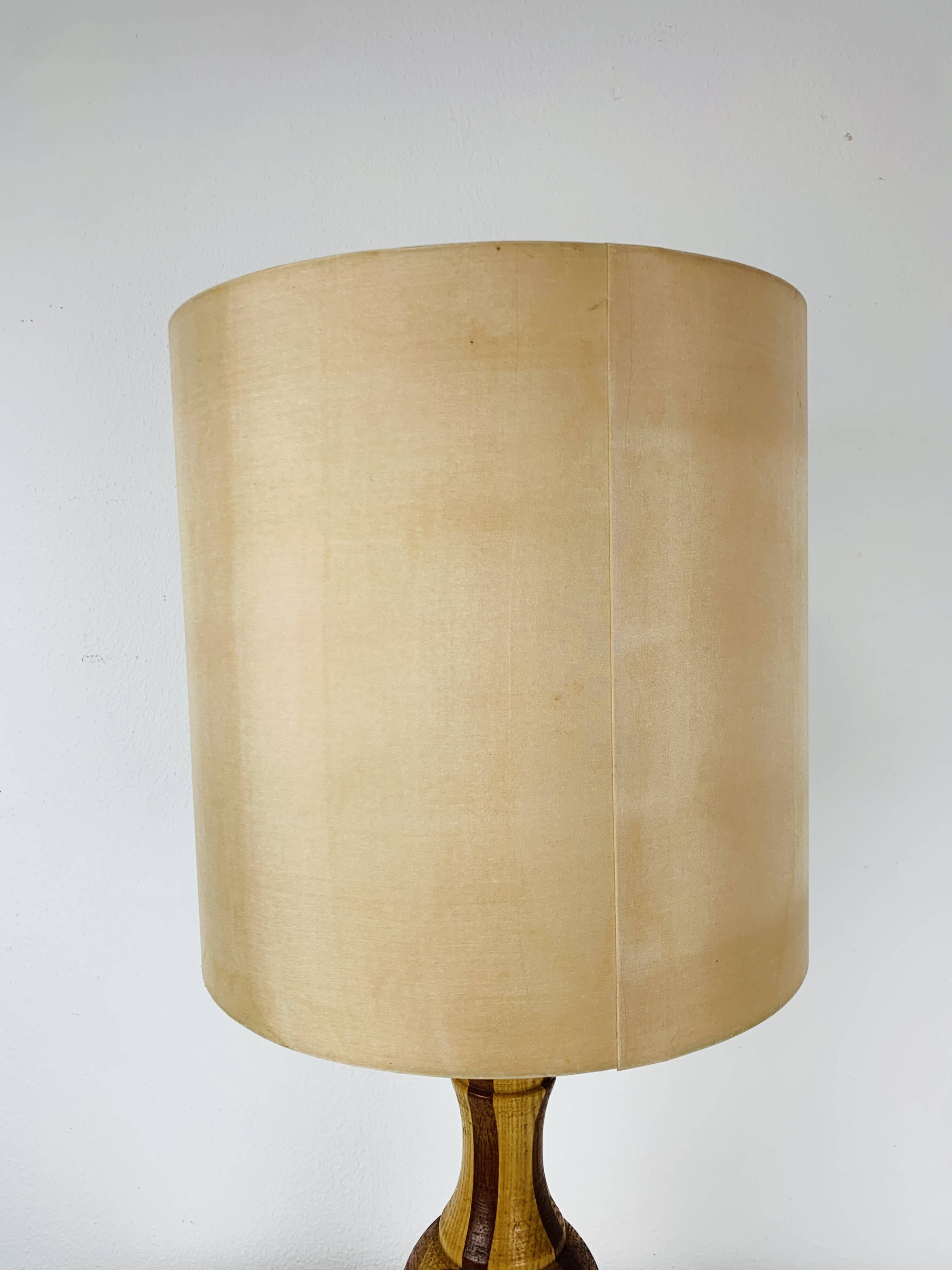 Vintage turned wood lamp, silk lampshade