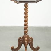 Antique tall oak plant/side table with wood carving and a turned leg