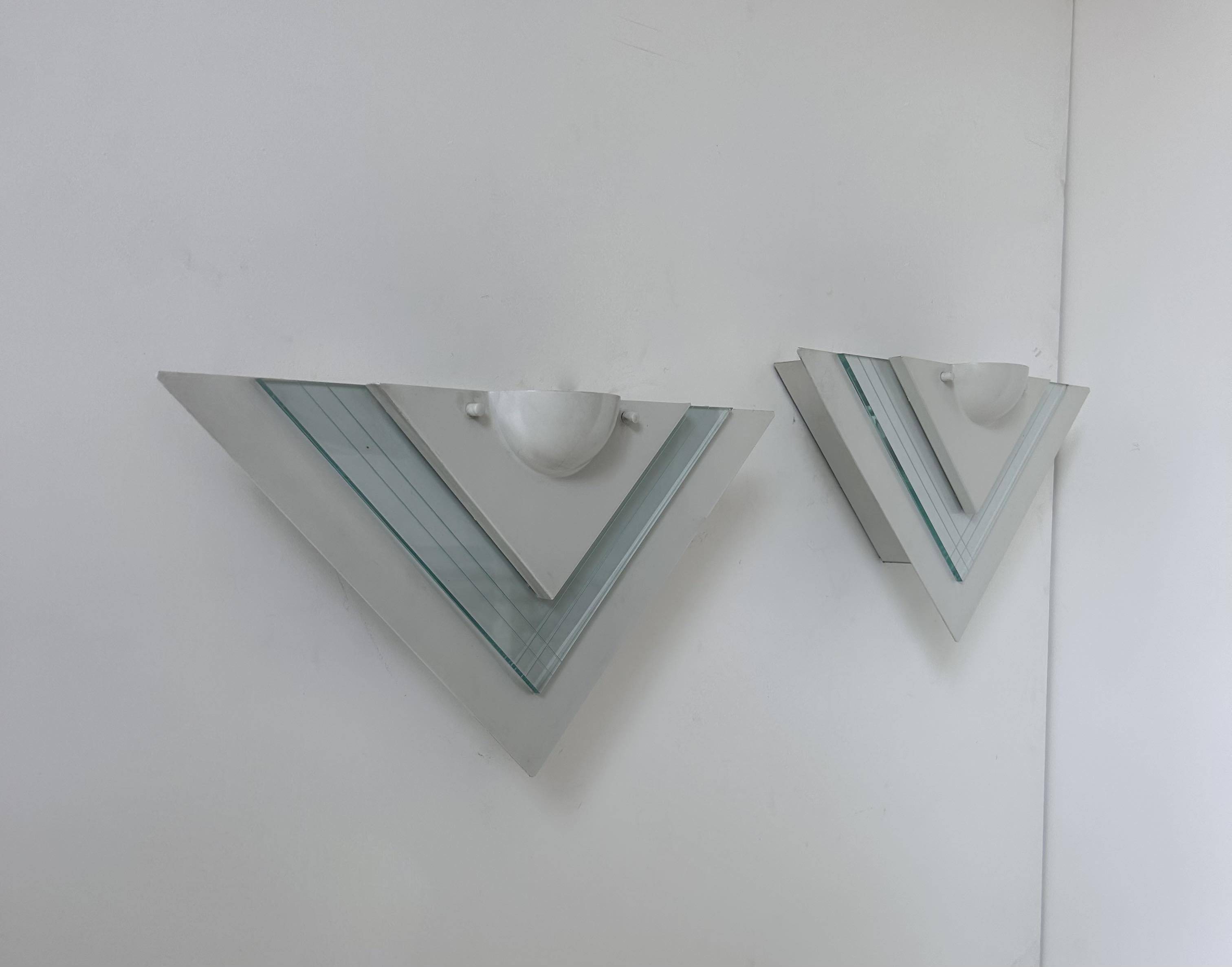 Pair of vintage wall lights, white lacquered metal and glass, Germany 1970s