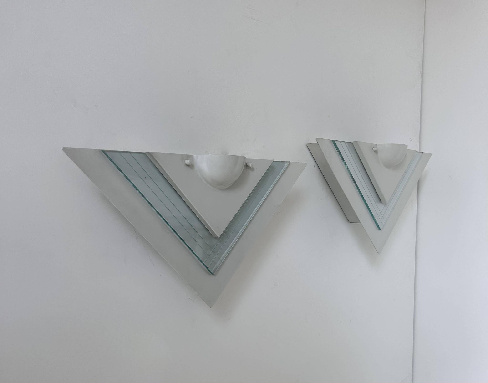 Pair of vintage wall lights, white lacquered metal and glass, Germany 1970s