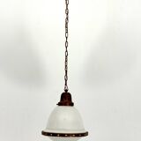 Vintage Industrial chandelier in copper and milk glass. Italy 1950s