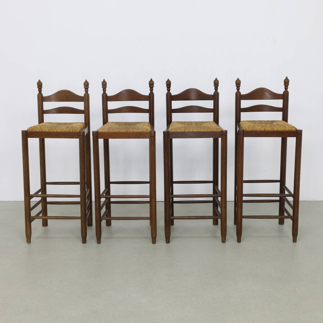 4x Vintage Bar Stool in Wood and Rush, 1970s