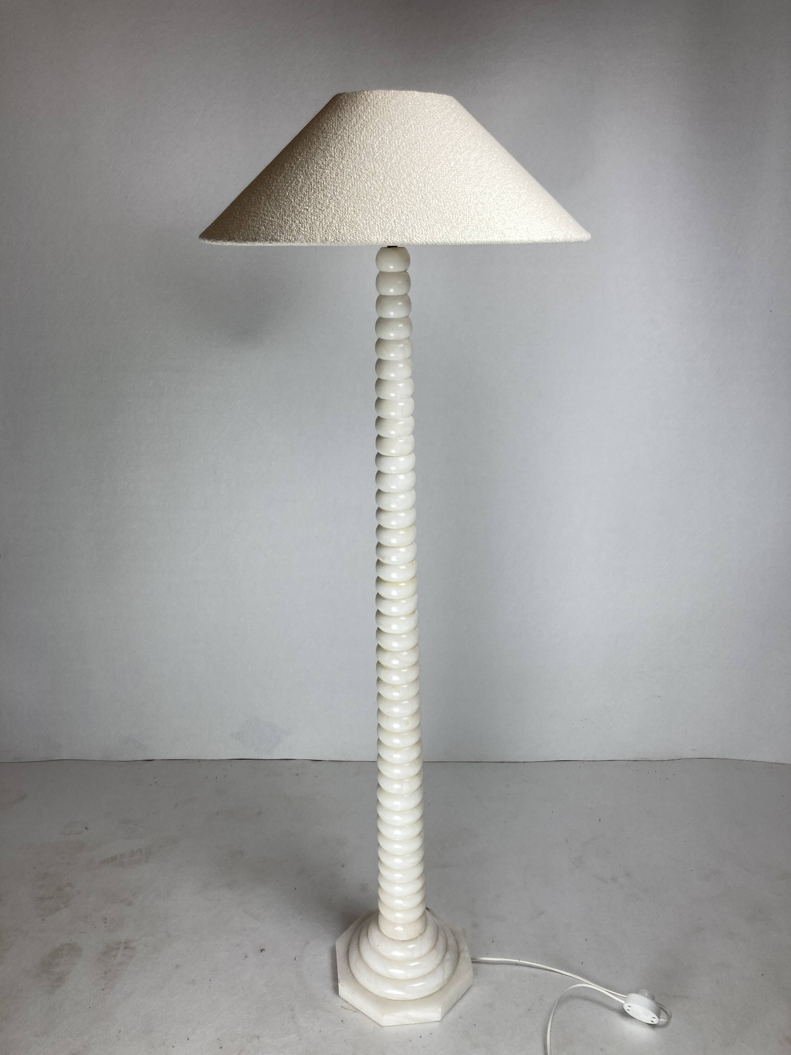 Midcentury French Alabaster floor lamp with bouclé shade, 1950s