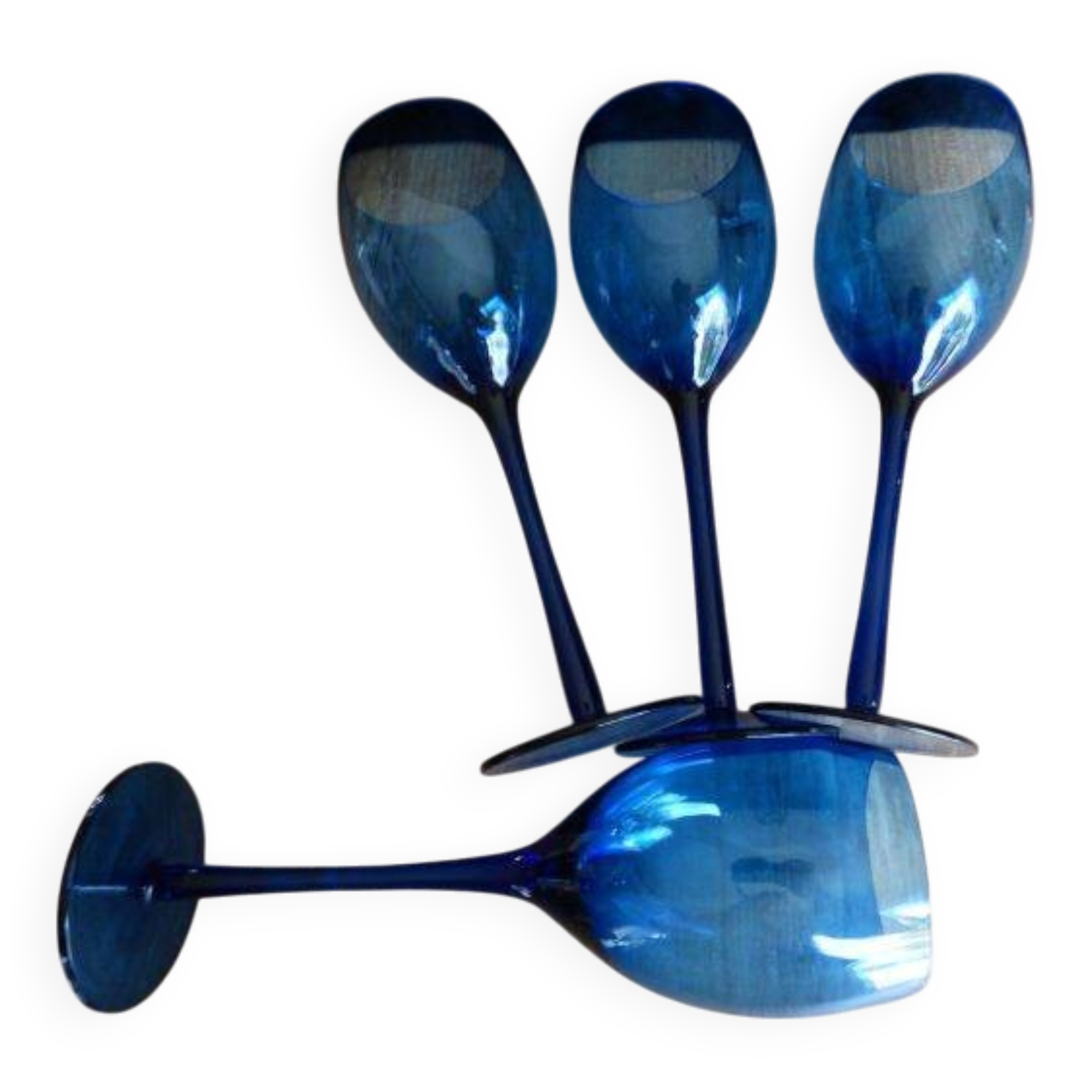 4 large vintage blue wine glasses.